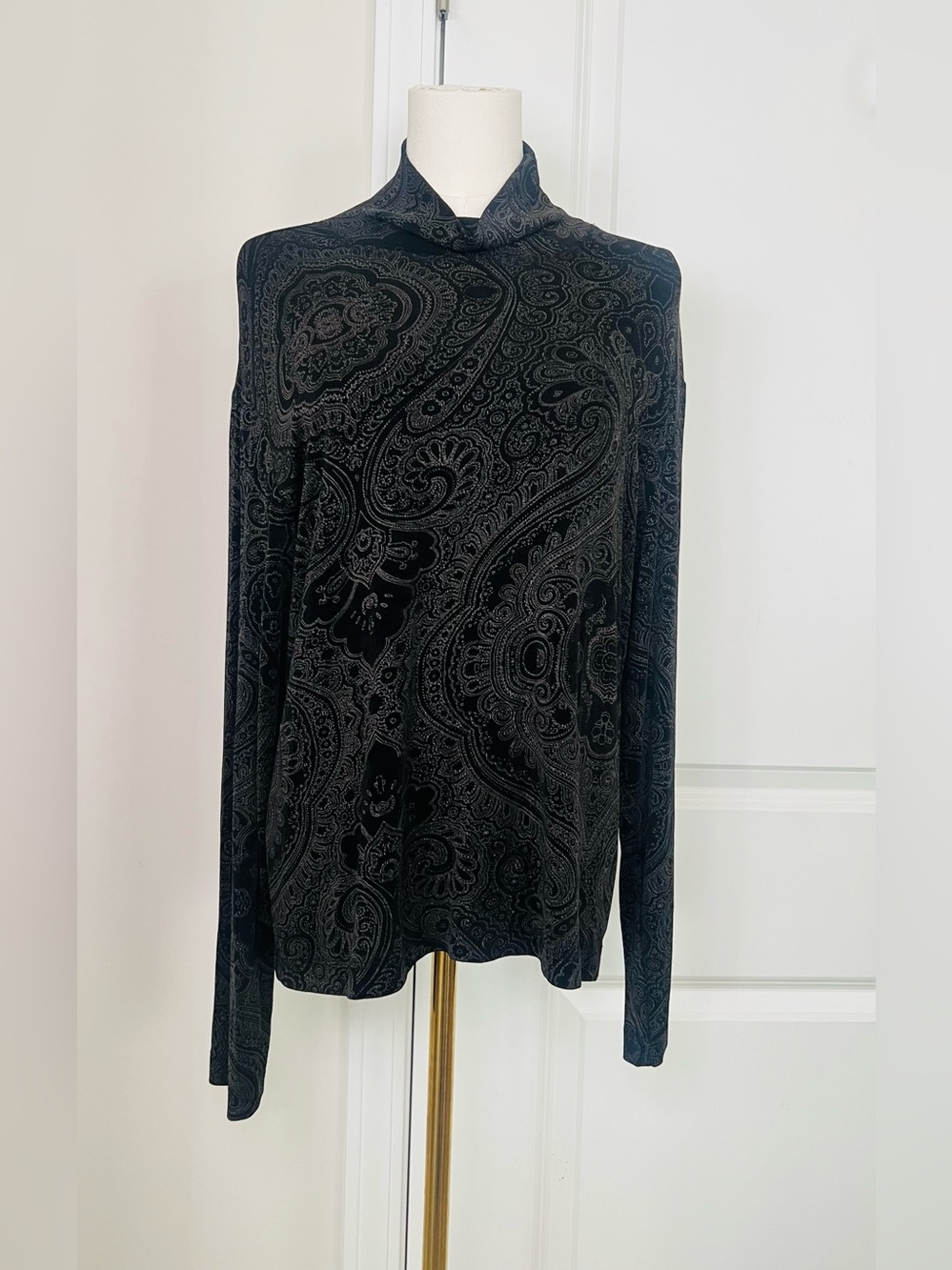 Chicos Travelers Top Sz 3~XL Black Brown Paisley Slinky Knit Career Turtleneck